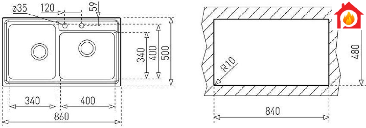 Kích thước lắp đặt của chậu rửa Teka Stage 2B