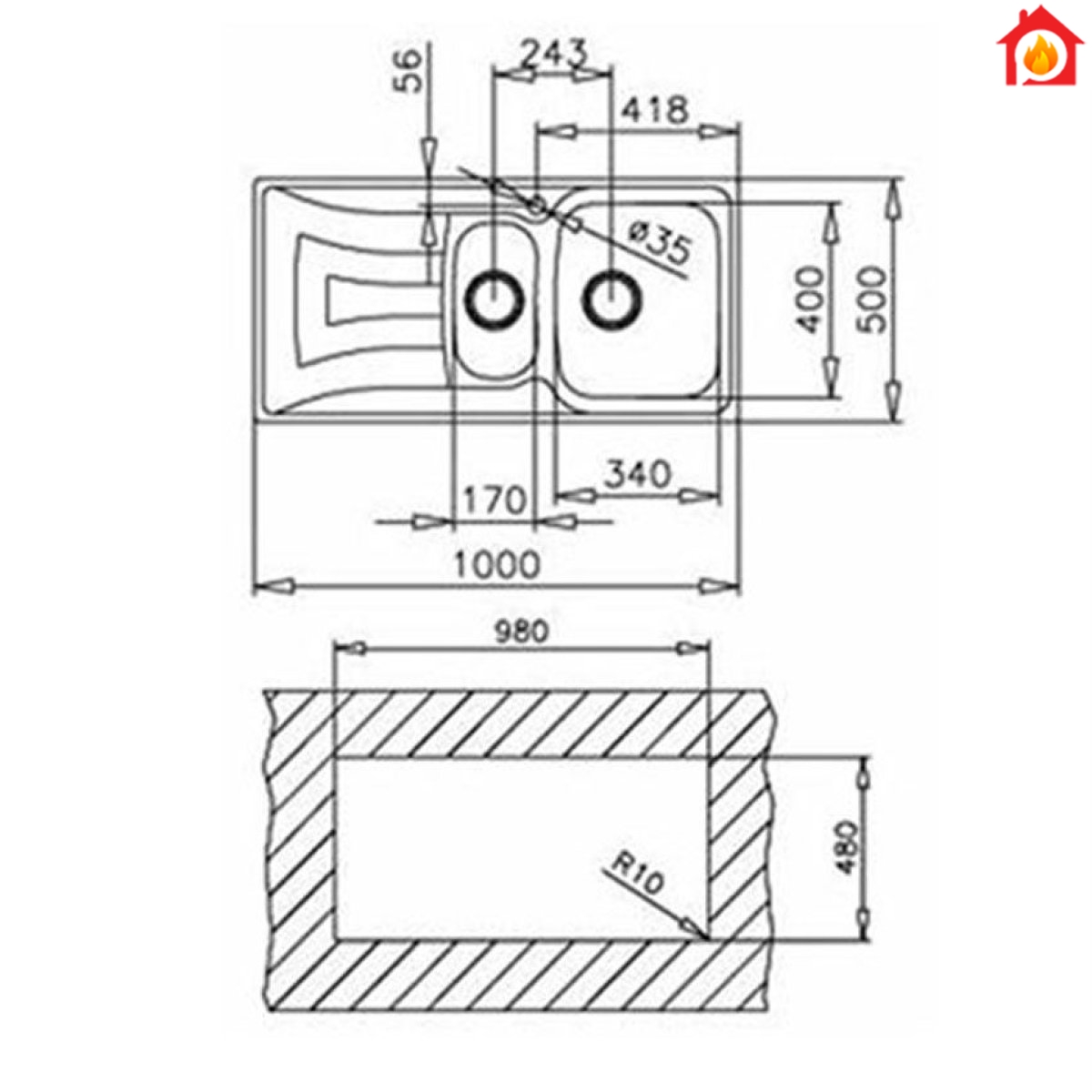 Kích thước lắp đặt của chậu rửa Teka Universo 1 1/2B 1D
