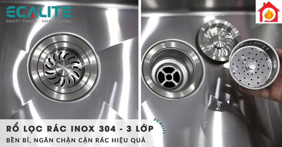 Rổ lọc rác của chậu rửa chén Ecalite ESD-8650HS có cấu tạo 3 lớp làm từ inox 304
