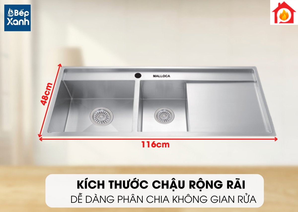 Kích thước chậu rộng rãi với nhiều không gian rửa của chậu MS-6306