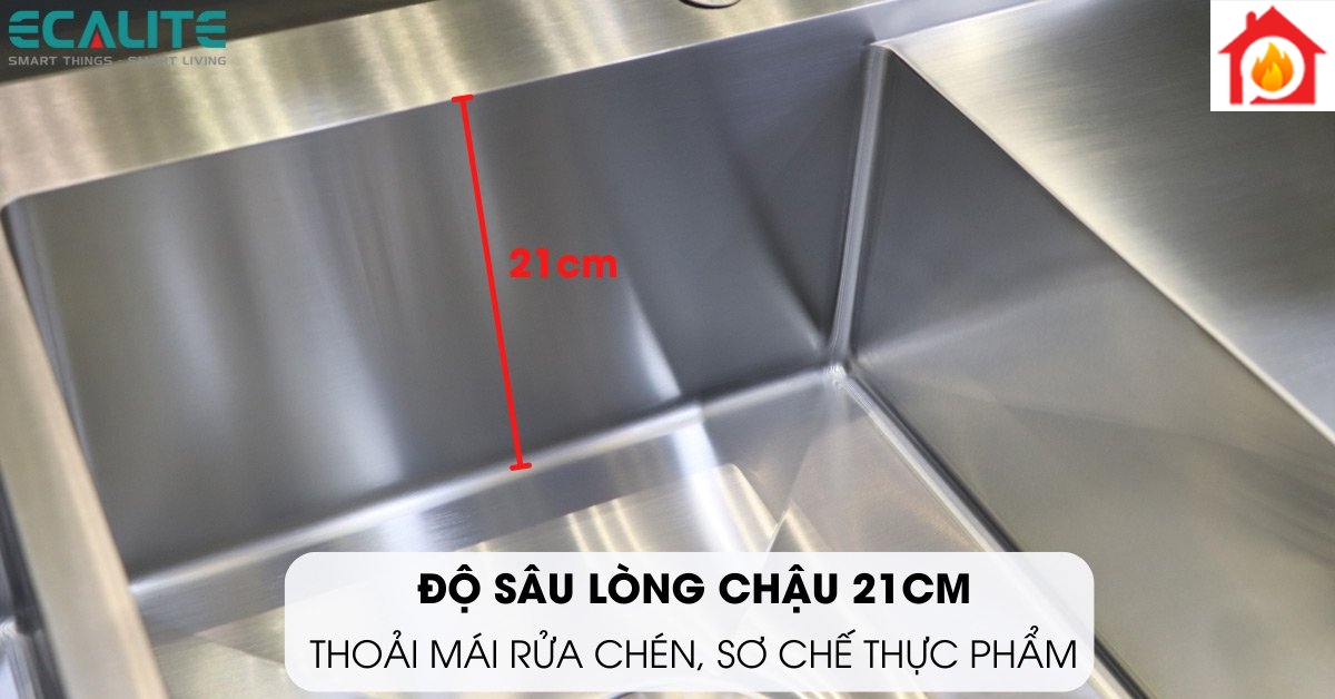 Độ sâu lòng chậu 21cm của chậu rửa chén Ecalite ESD-11650HS