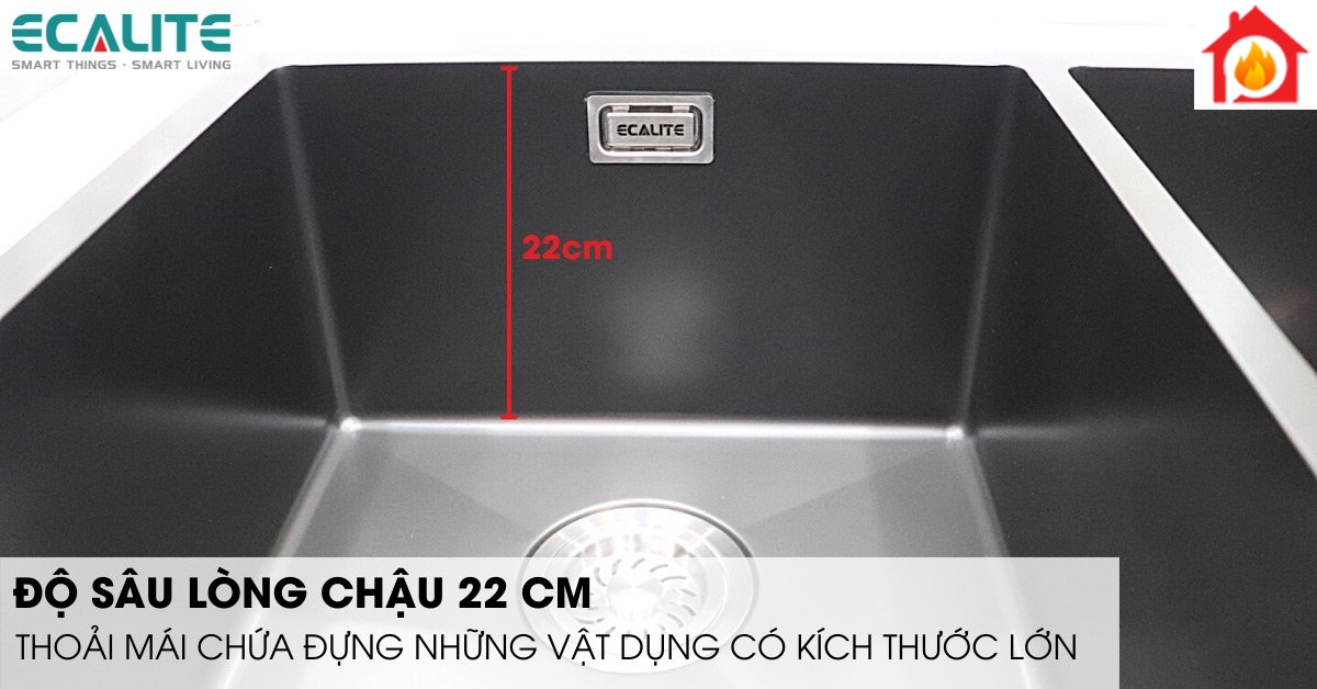 Độ sâu lòng chậu 22cm của chậu rửa chén Ecalite ESD-8046HB