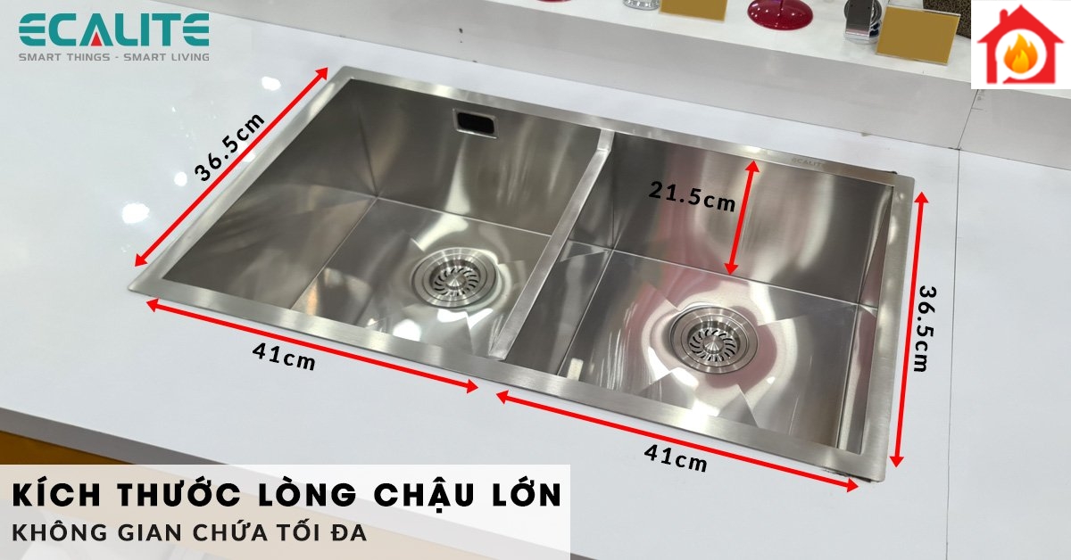 Kích thước lòng chậu 2 hố bằng nhau