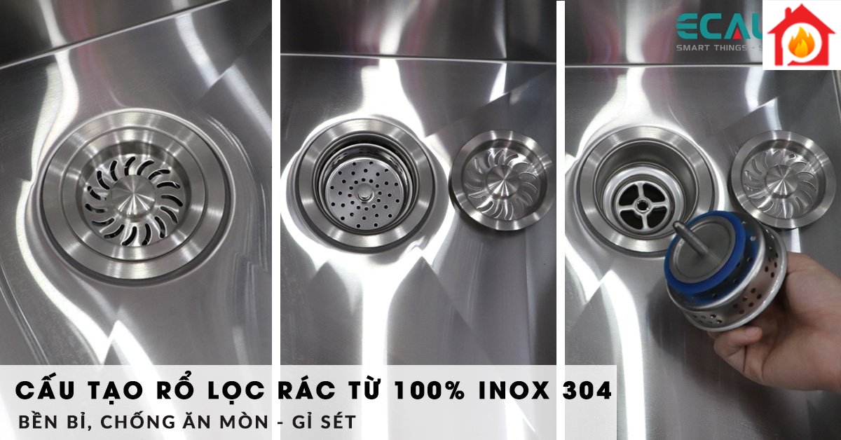 Cấu tạo rổ lọc rác của chậu rửa chén hố ESD-8046HS làm từ 100% inox 304