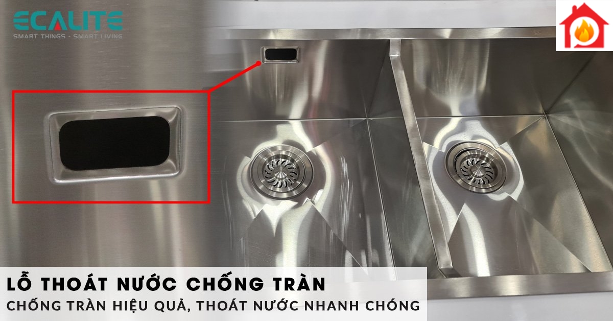 Chậu rửa Ecalite ESD-8046HS được thiết kế lỗ thoát nước chống tràn hiệu quả