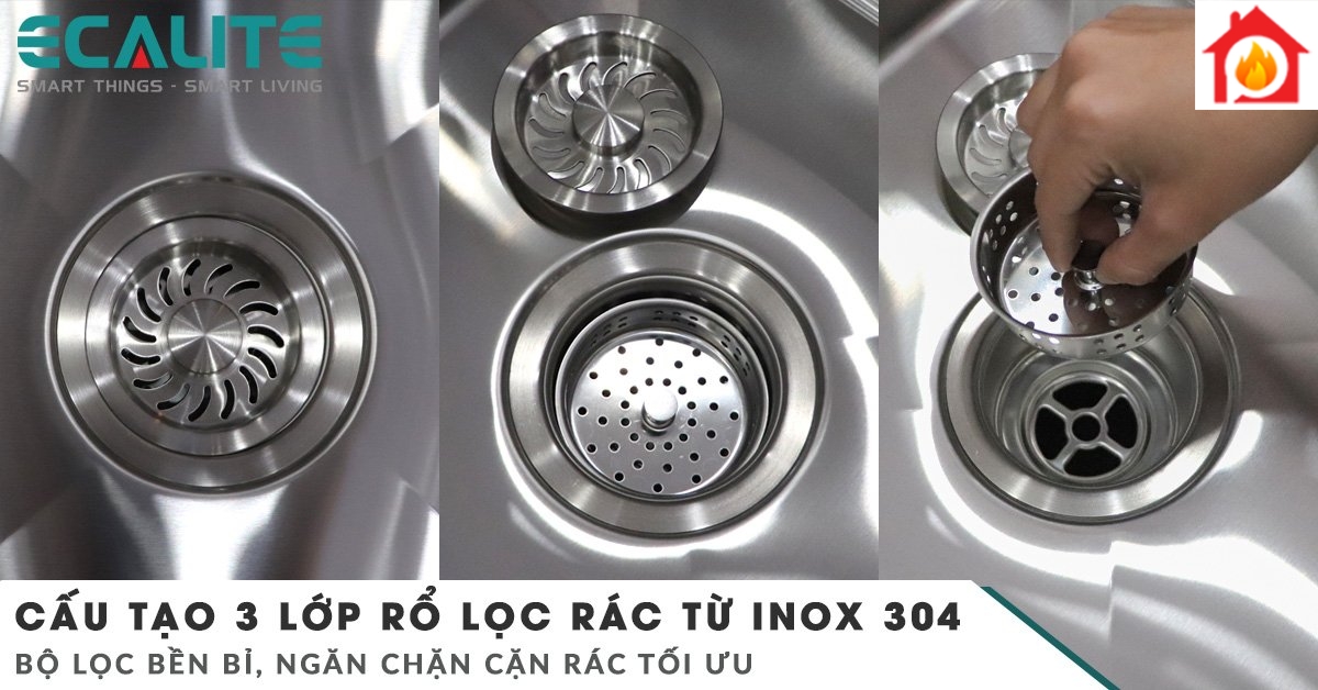 Rổ lọc rác của chậu rửa bát ESD-8245HA được cấu tạo 3 lớp inox 304
