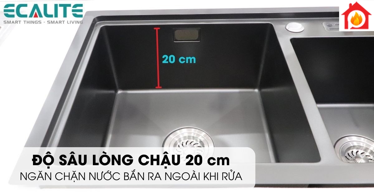 Độ sâu lòng chậu 20cm của chậu rửa chén Ecalite ESD-8245HB