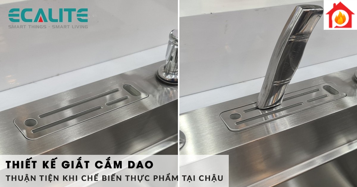 Chậu rửa chén 2 hố Ecalite ESD-8248HS được thiết kế thêm giắt cắm dao độc đáo