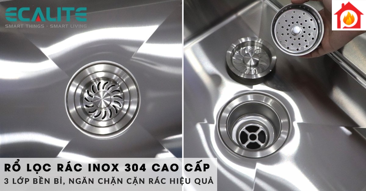 Cấu tạo 3 lớp rổ lọc rác inox 304 giúp ngăn chặn cặn rác hiệu quả