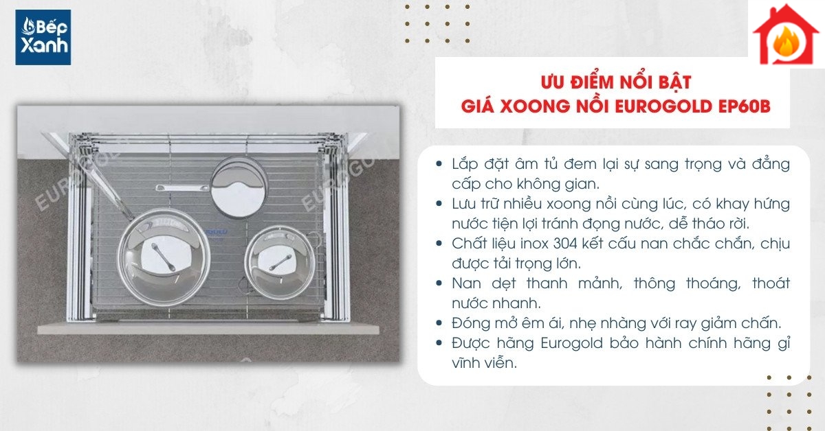 Giá xoong nồi âm tủ Eurogold EP60B có nhiều ưu điểm để sở hữu