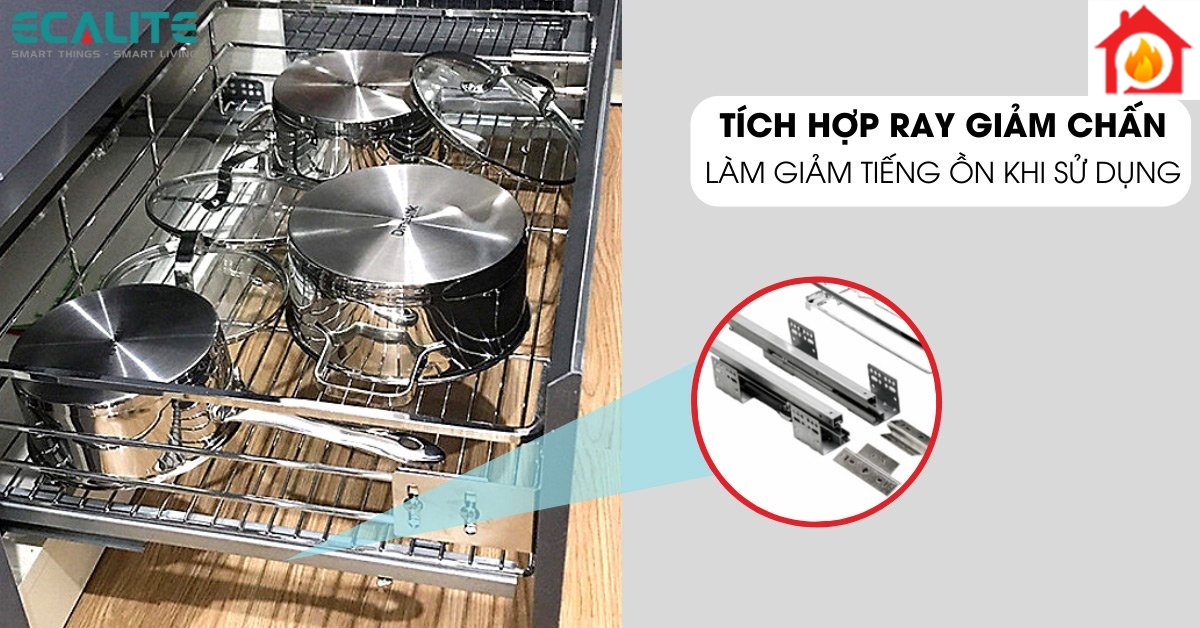 Kệ xoong nồi tủ dưới Ecalite EL-EP9003B tích hợp thêm ray trượt giảm chấn