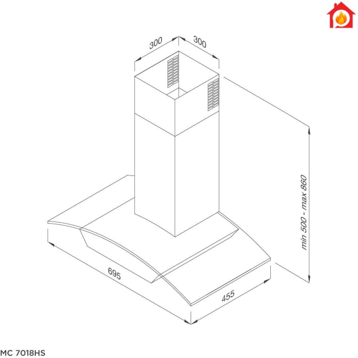 Kích thước lắp đặt của máy hút mùi Malloca MC 7018HS