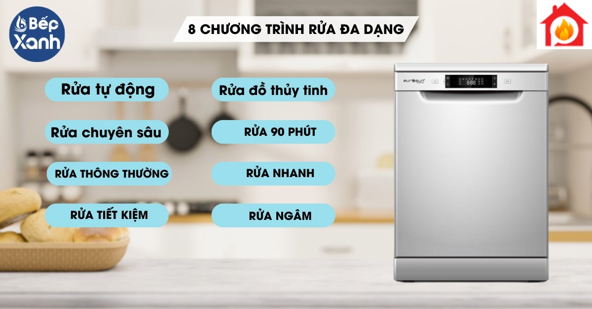 Máy rửa chén bát Eurosun SMS56EU05E trang bị 8 chương trình rửa đa dạng