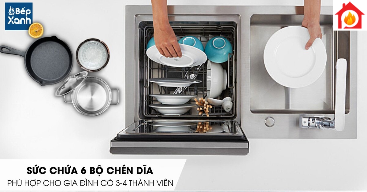 Sức chứa 6 bộ chén dĩa ủa máy rửa chén tích hợp chậu rửa WQP6-890F3