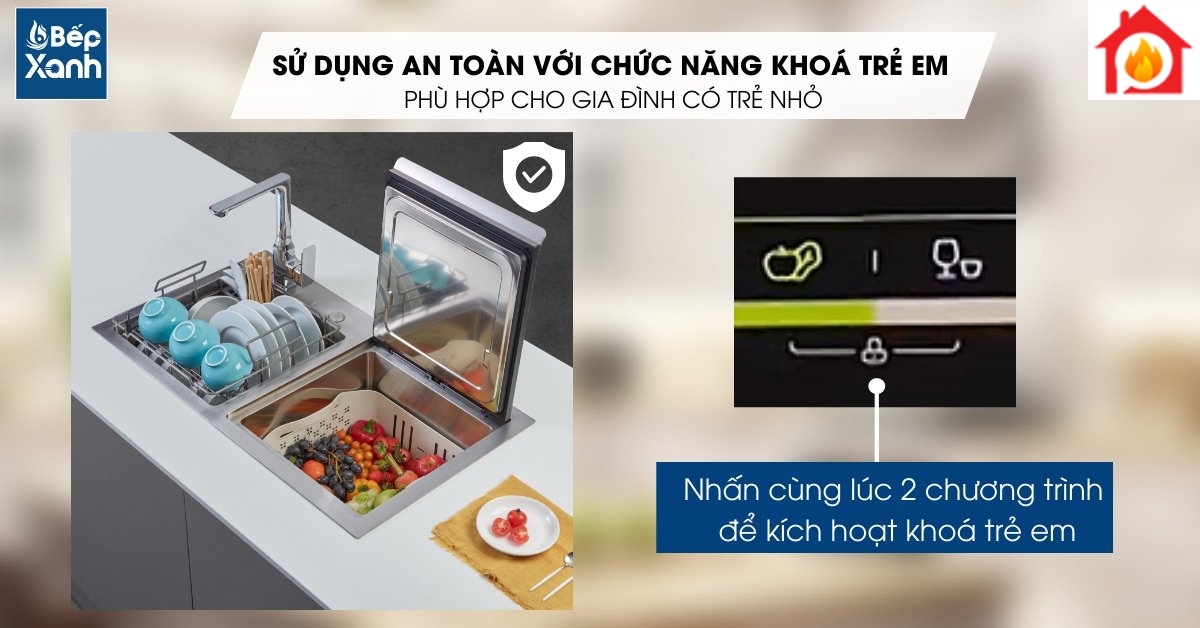 Trang bị khóa an toàn trẻ em trên máy rửa chén tích hợp chậu rửa Malloca WQP6-890F3