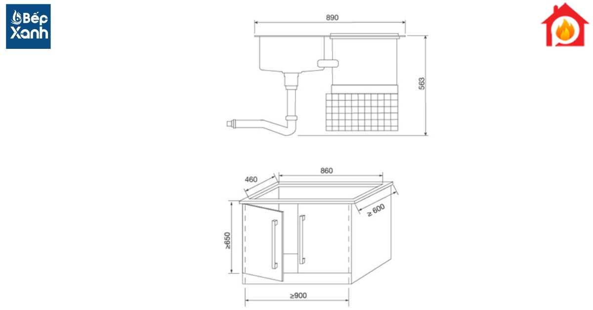 Kích thước của máy rửa chén tích hợp chậu rửa Malloca WQP6-890F3