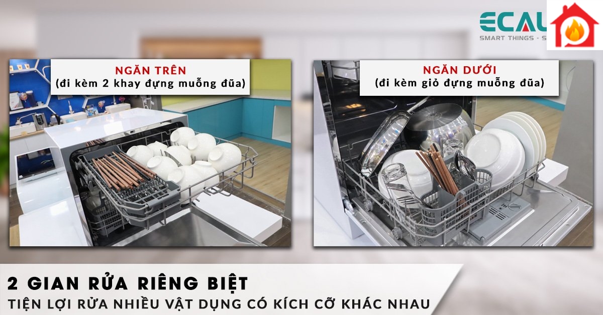 Máy rửa chén Ecalite EDW-SMS6080WH có 2 gian rửa riêng biệt
