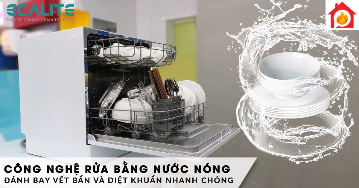 Máy rửa bát mini EDW-SMS6080WH sử dụng công nghệ rửa bằng nước nóng