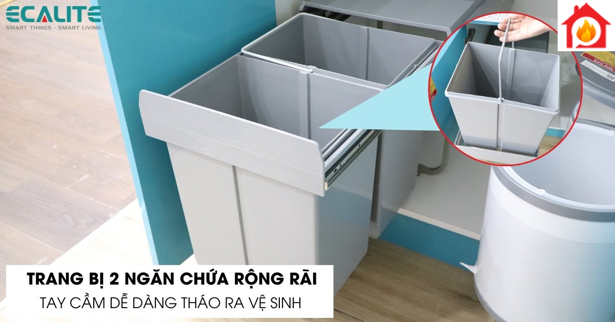Thùng rác âm tủ Ecalite EL-DUB20L 2 ngăn chứa rộng rãi