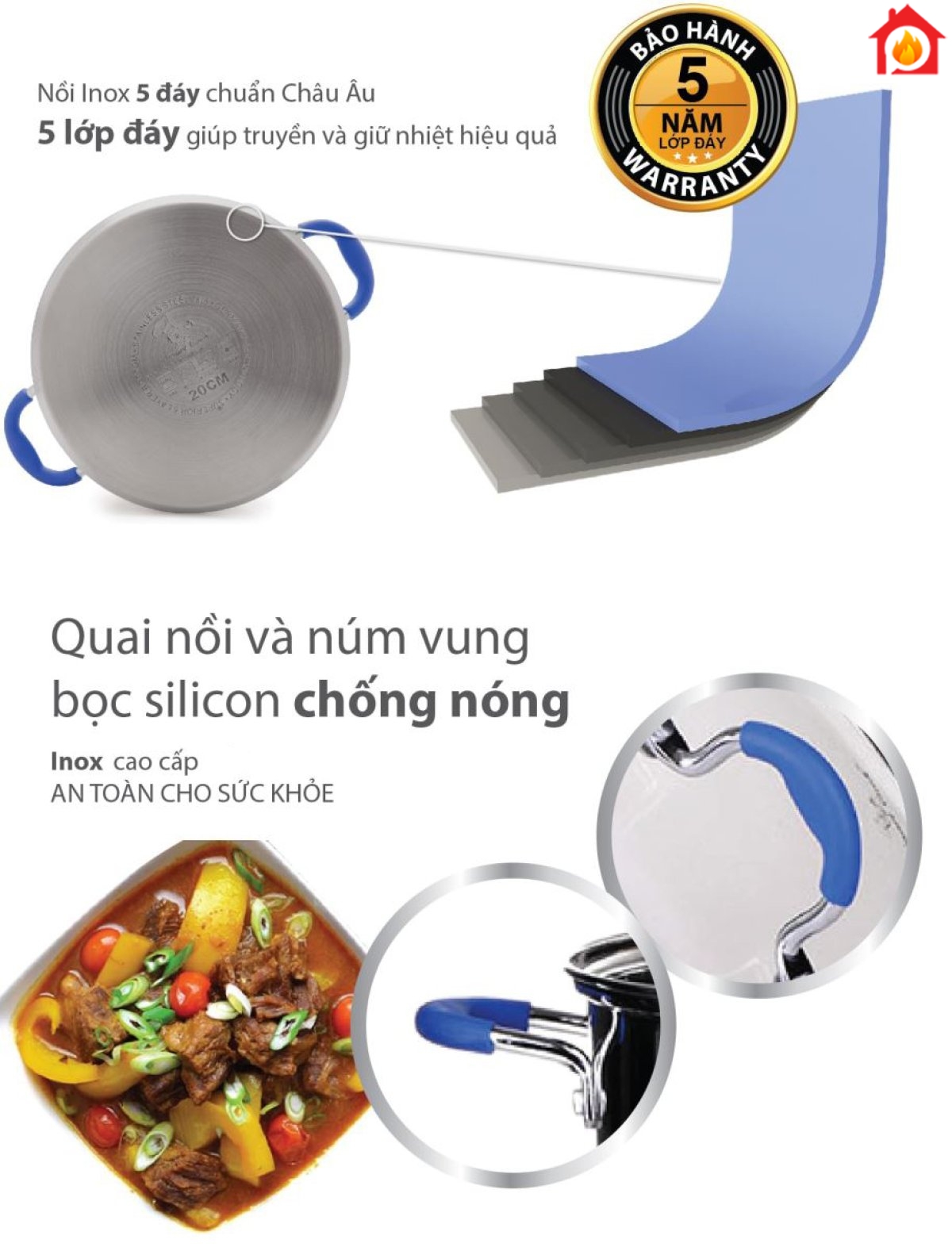 Bộ nồi inox 5 đáy Smartcook với 5 lớp đáy siêu bền