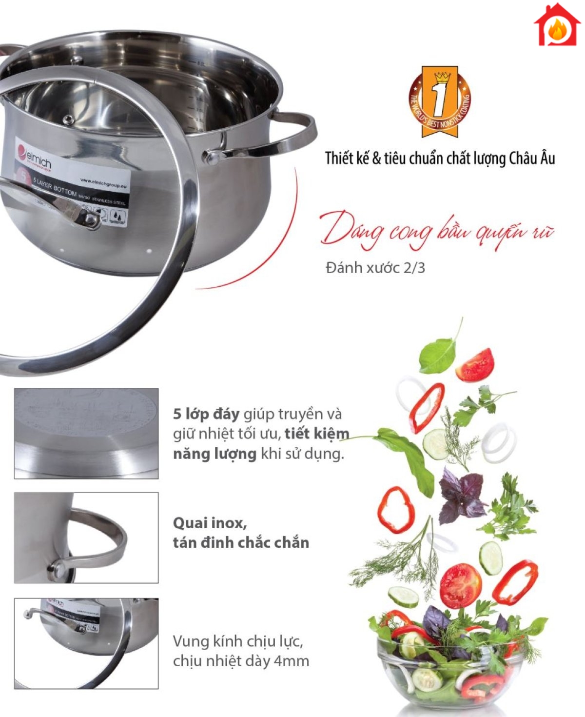 Bộ nồi inox Elmich Ibiza thiết kế và tiêu chuẩn chất lượng Châu Âu